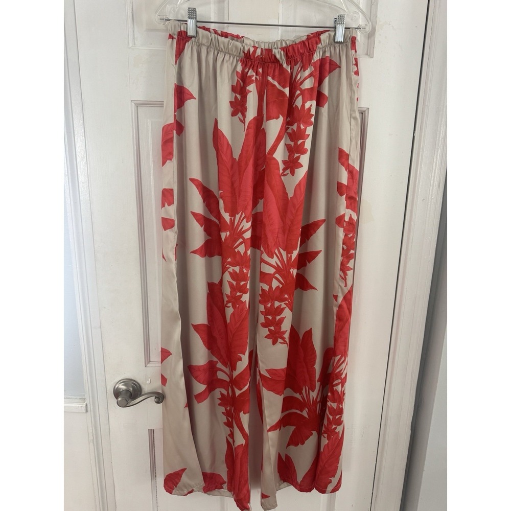 bryn Walker White Wide-Leg Pants with Coral Botanical Print - Picture 2 of 7